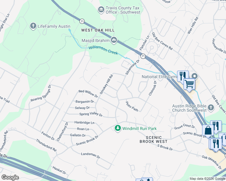 map of restaurants, bars, coffee shops, grocery stores, and more near 7000 Silvermine Drive in Austin