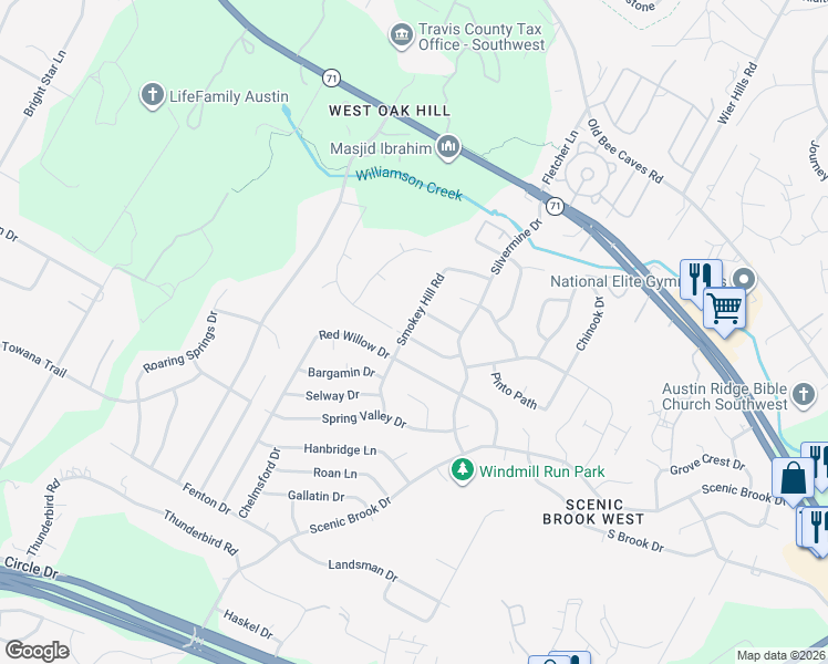 map of restaurants, bars, coffee shops, grocery stores, and more near 8403 Sage Mountain Drive in Austin