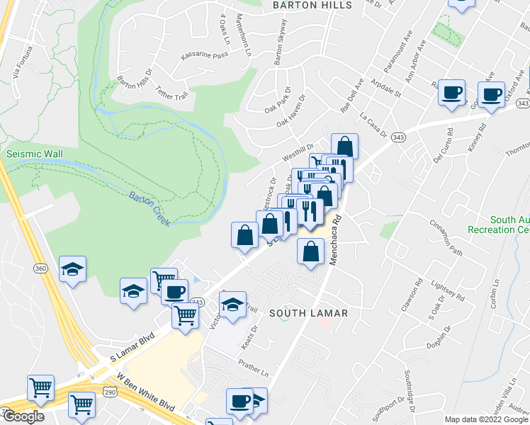 map of restaurants, bars, coffee shops, grocery stores, and more near 2311 Westrock Drive in Austin