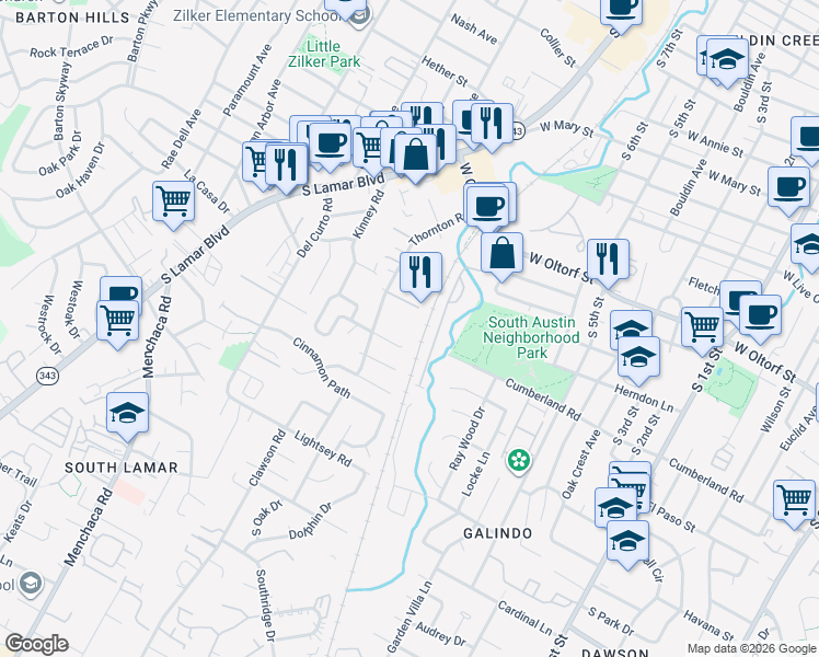 map of restaurants, bars, coffee shops, grocery stores, and more near 2413 Thornton Road in Austin