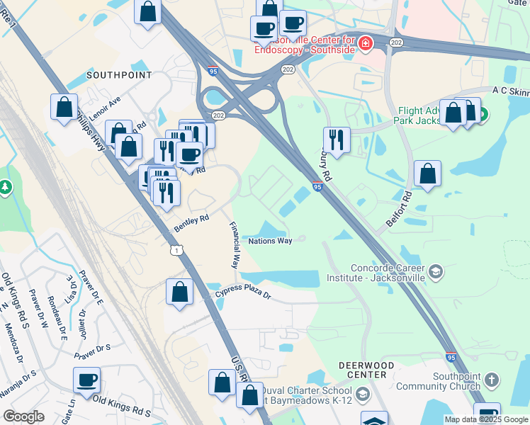 map of restaurants, bars, coffee shops, grocery stores, and more near 8200 White Falls Boulevard in Jacksonville