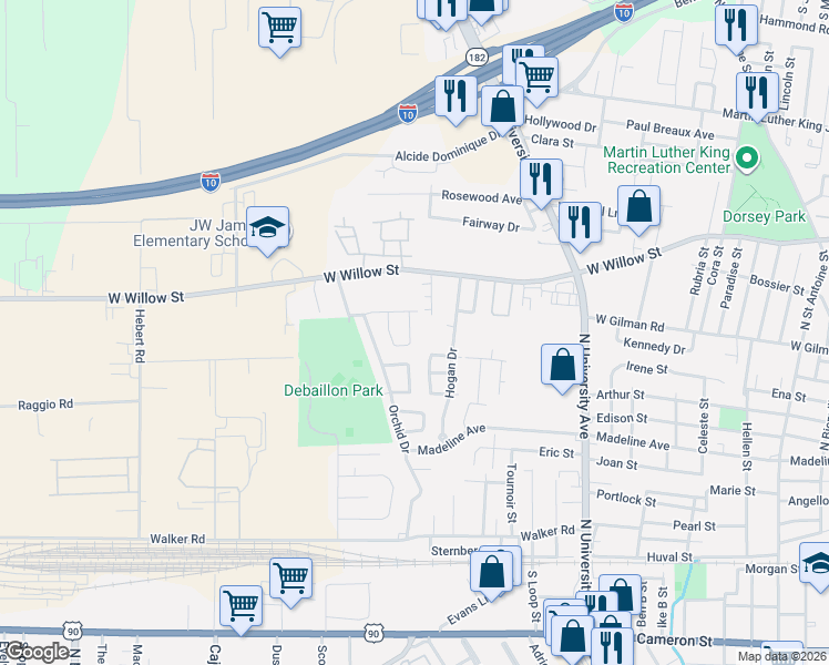map of restaurants, bars, coffee shops, grocery stores, and more near 401 Aster Drive in Lafayette