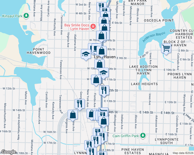 map of restaurants, bars, coffee shops, grocery stores, and more near 1010 Florida Avenue in Lynn Haven