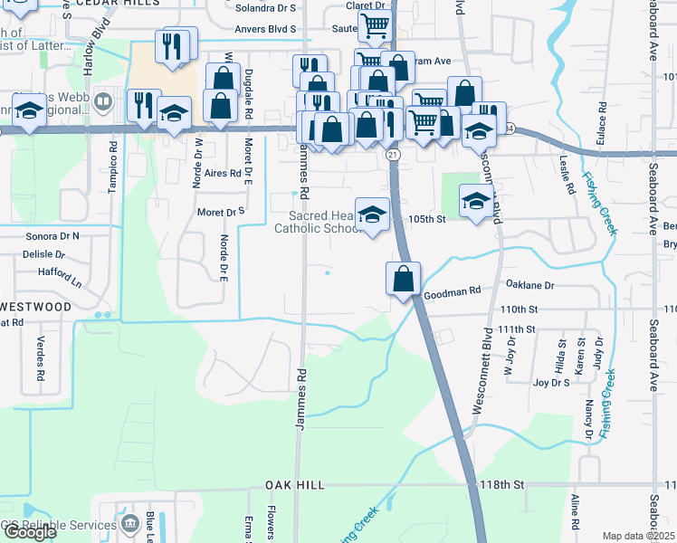 map of restaurants, bars, coffee shops, grocery stores, and more near 5833 Jammes Road in Jacksonville