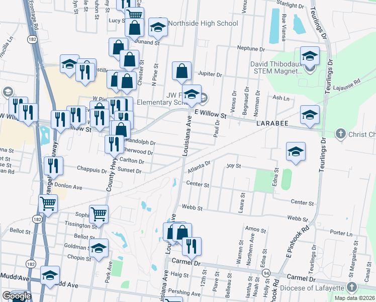 map of restaurants, bars, coffee shops, grocery stores, and more near 259 Randolph Drive in Lafayette