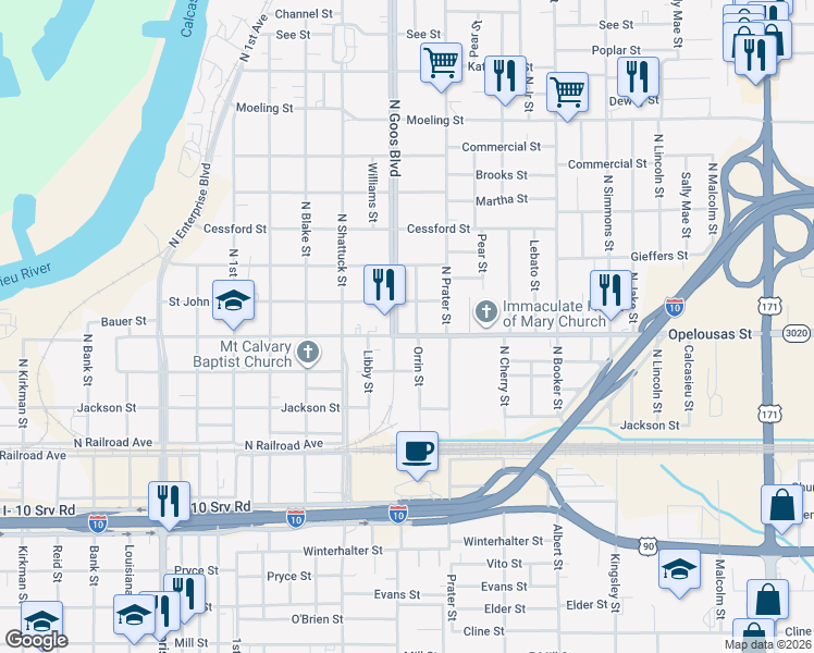 map of restaurants, bars, coffee shops, grocery stores, and more near 414 N Goos Blvd in Lake Charles