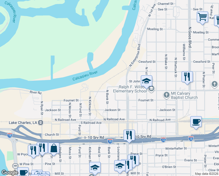 map of restaurants, bars, coffee shops, grocery stores, and more near 1001-1099 Bauer St in Lake Charles