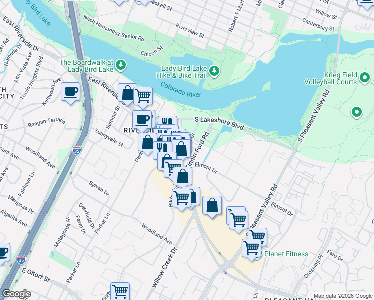 map of restaurants, bars, coffee shops, grocery stores, and more near 1333 Shore District Drive in Austin