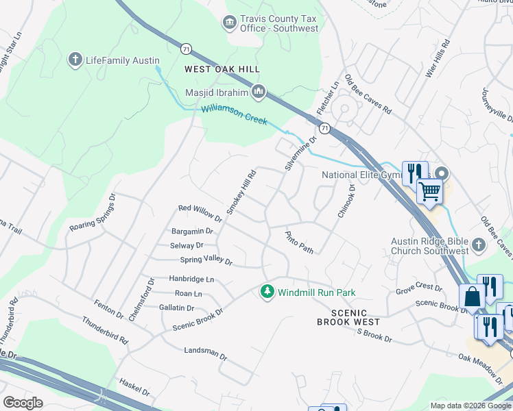 map of restaurants, bars, coffee shops, grocery stores, and more near 7000 Silvermine Drive in Austin