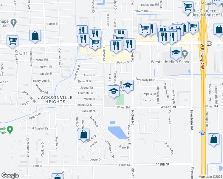 map of restaurants, bars, coffee shops, grocery stores, and more near 5815 Fiat Lane in Jacksonville