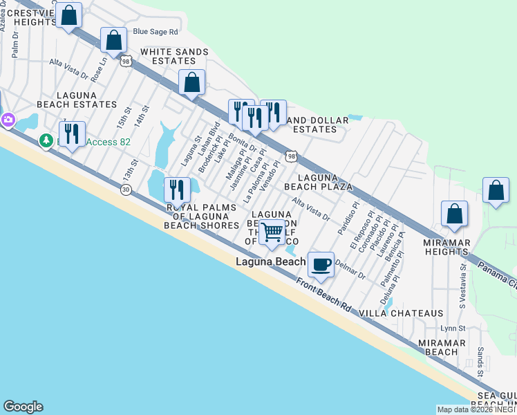 map of restaurants, bars, coffee shops, grocery stores, and more near 213 El Prado Place in Panama City Beach