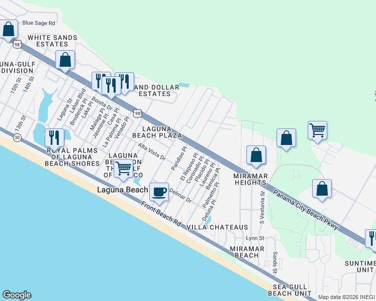 map of restaurants, bars, coffee shops, grocery stores, and more near 324-326 Paridiso Place in Panama City Beach