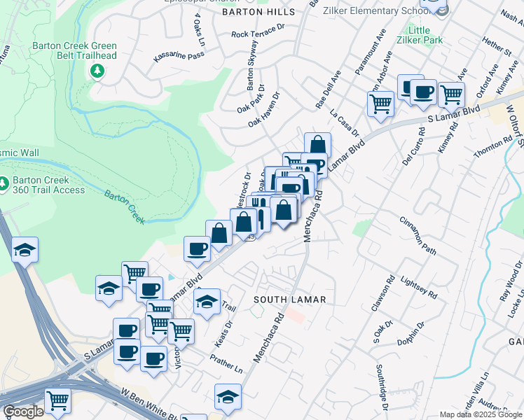 map of restaurants, bars, coffee shops, grocery stores, and more near 2304 Westoak Drive in Austin