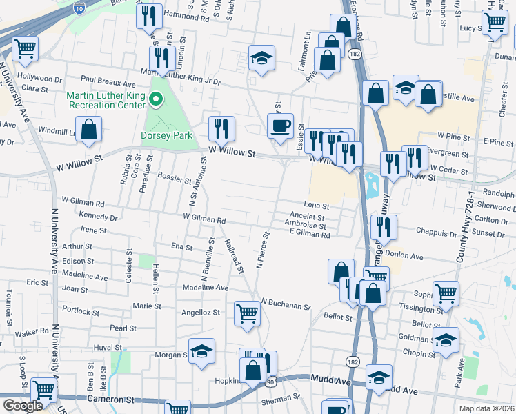 map of restaurants, bars, coffee shops, grocery stores, and more near 113 Hayes Drive in Lafayette