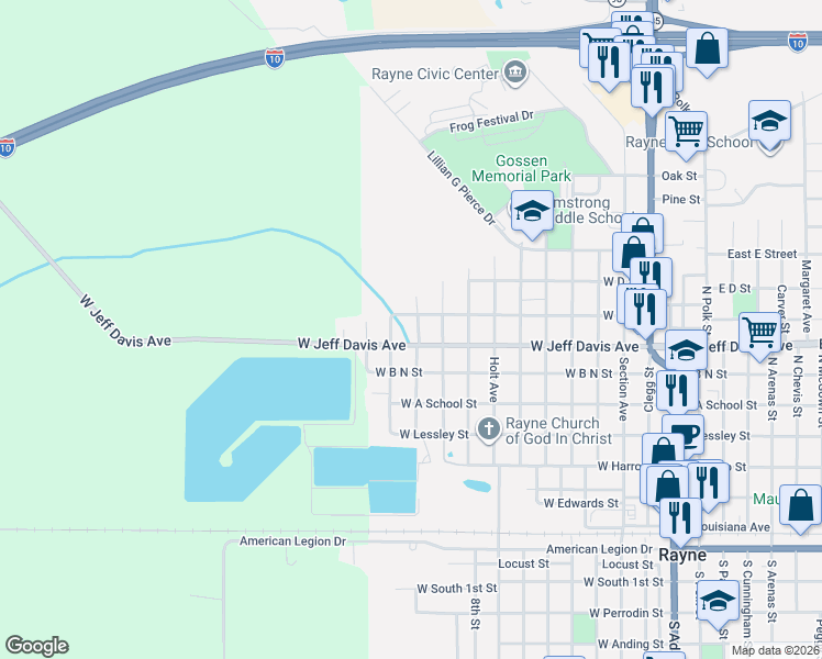 map of restaurants, bars, coffee shops, grocery stores, and more near 1007 West C Street in Rayne