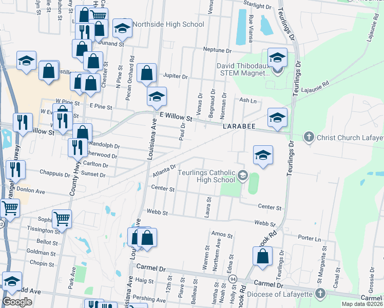 map of restaurants, bars, coffee shops, grocery stores, and more near 435 Atlanta Drive in Lafayette