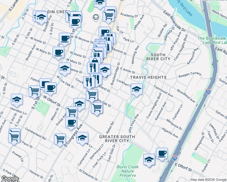 map of restaurants, bars, coffee shops, grocery stores, and more near 306 Terrace Drive in Austin