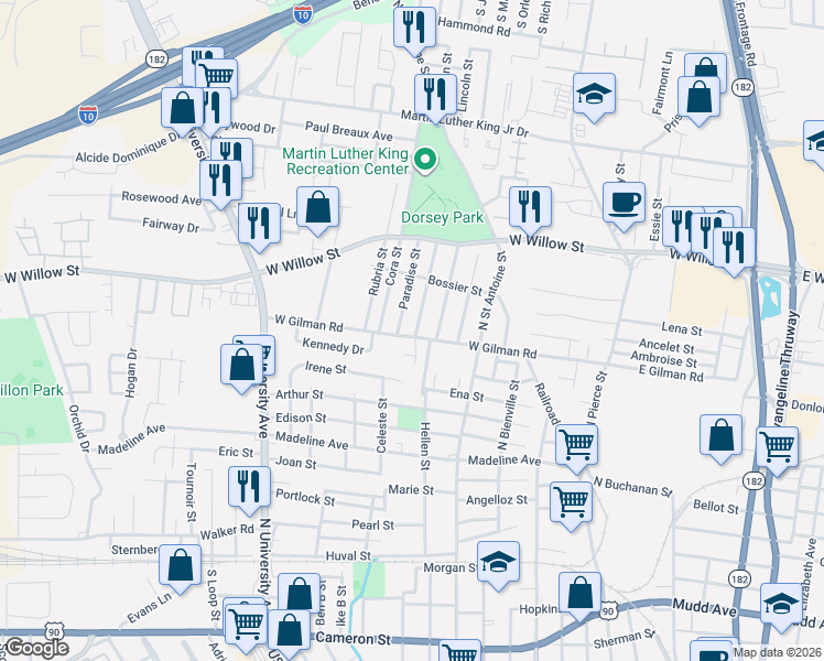 map of restaurants, bars, coffee shops, grocery stores, and more near 109 Happiness Street in Lafayette