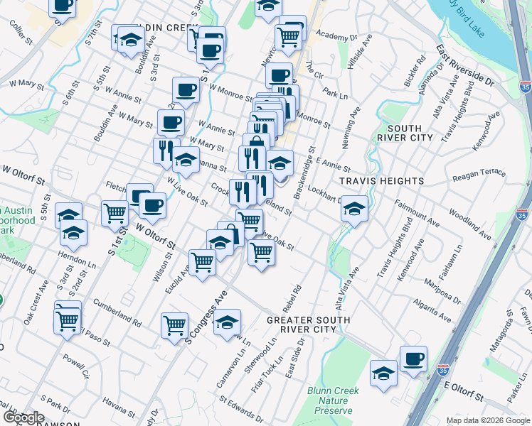 map of restaurants, bars, coffee shops, grocery stores, and more near 2116 South Congress Avenue in Austin