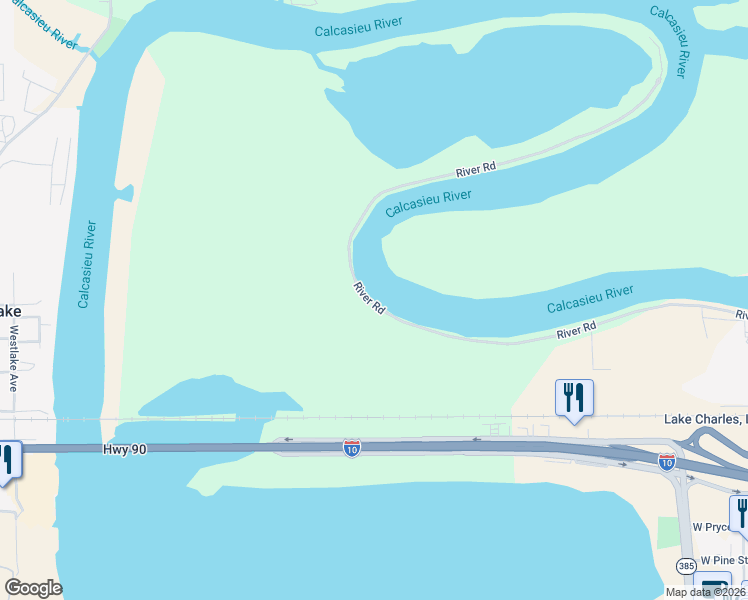 map of restaurants, bars, coffee shops, grocery stores, and more near 30 River Road in Lake Charles