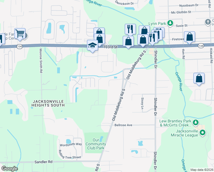 map of restaurants, bars, coffee shops, grocery stores, and more near 9111 Country Mill Lane in Jacksonville