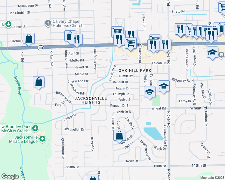 map of restaurants, bars, coffee shops, grocery stores, and more near 8015 Jaguar Drive in Jacksonville