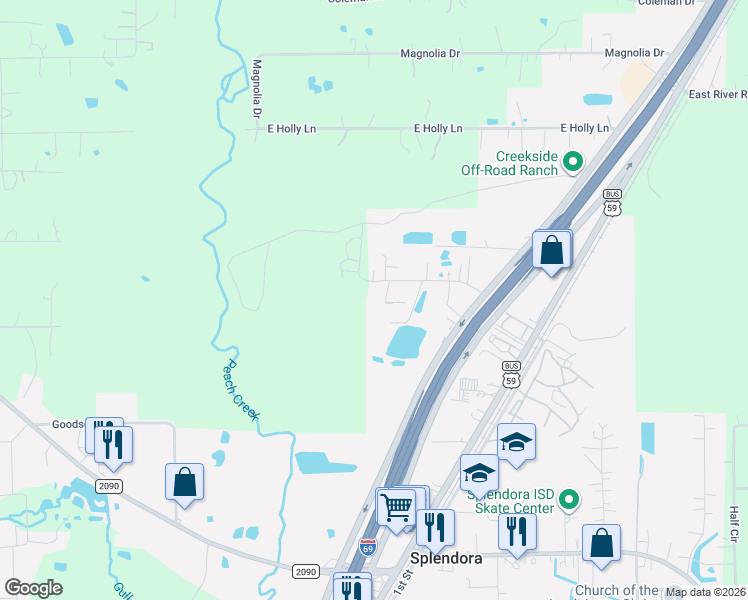 map of restaurants, bars, coffee shops, grocery stores, and more near 26084 Etta Road in Splendora