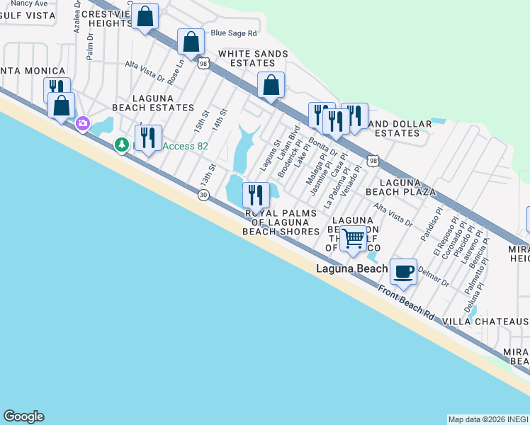 map of restaurants, bars, coffee shops, grocery stores, and more near 109 Lake Place in Panama City Beach