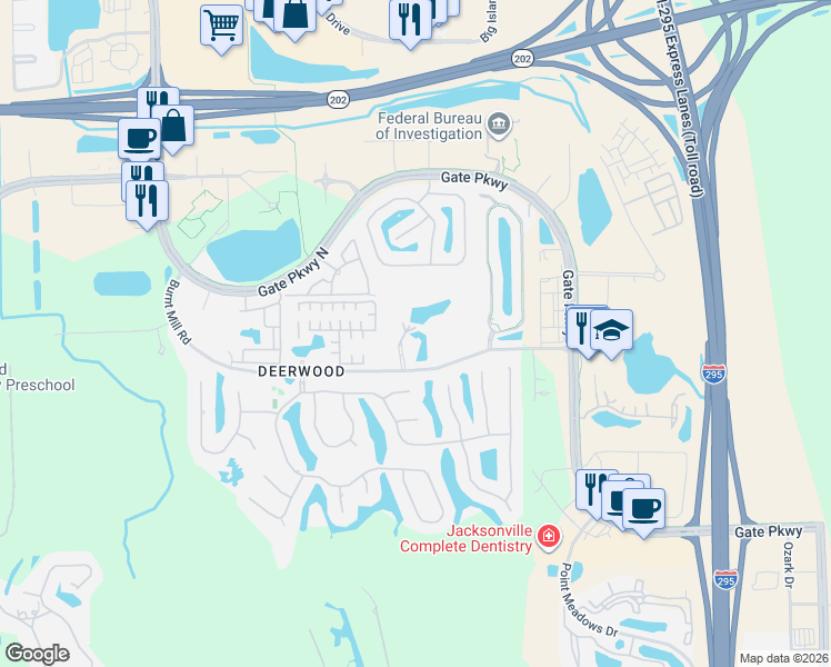 map of restaurants, bars, coffee shops, grocery stores, and more near 10961 Burnt Mill Road in Jacksonville