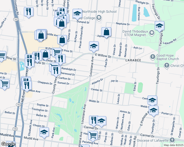 map of restaurants, bars, coffee shops, grocery stores, and more near 259 Randolph Drive in Lafayette