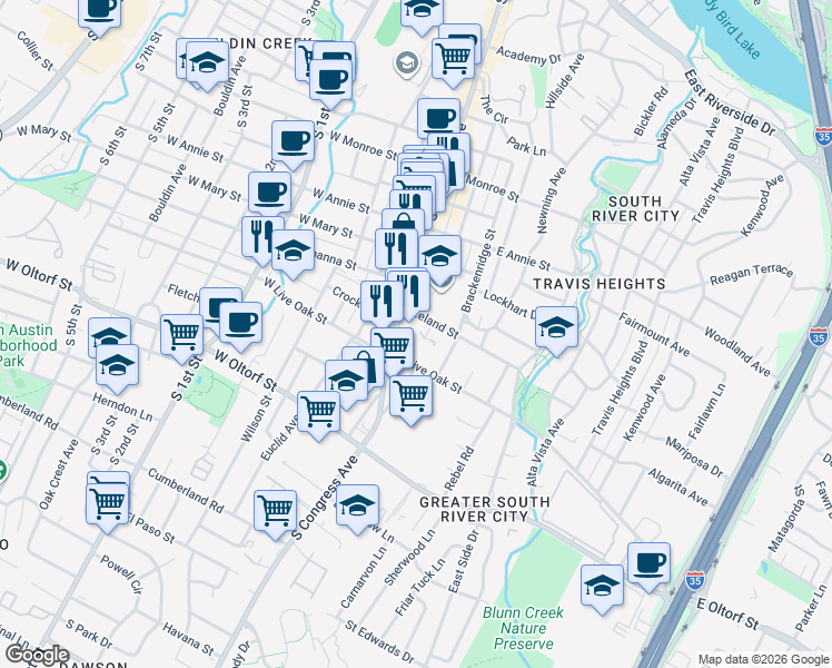 map of restaurants, bars, coffee shops, grocery stores, and more near 2106 Nickerson Street in Austin