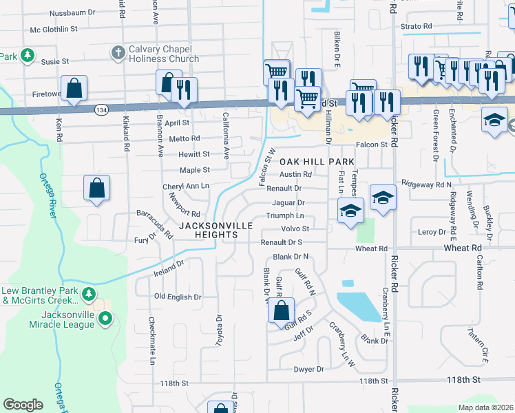 map of restaurants, bars, coffee shops, grocery stores, and more near 8015 Jaguar Drive in Jacksonville