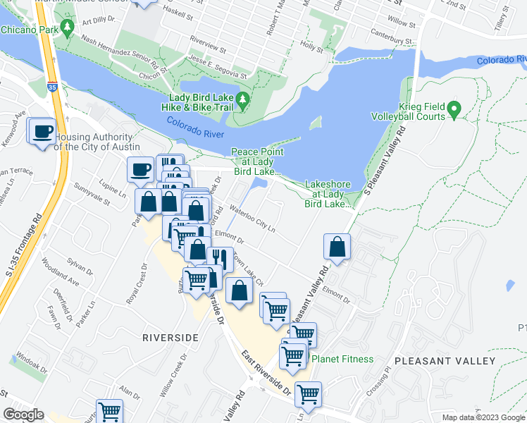 map of restaurants, bars, coffee shops, grocery stores, and more near 2300 Waterloo City Lane in Austin