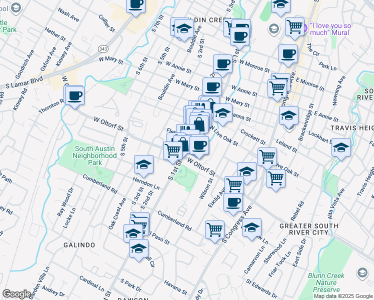 map of restaurants, bars, coffee shops, grocery stores, and more near 2310 South 1st Street in Austin