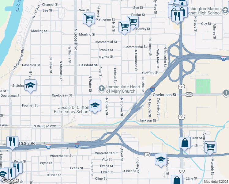 map of restaurants, bars, coffee shops, grocery stores, and more near 408 N Cherry St in Lake Charles
