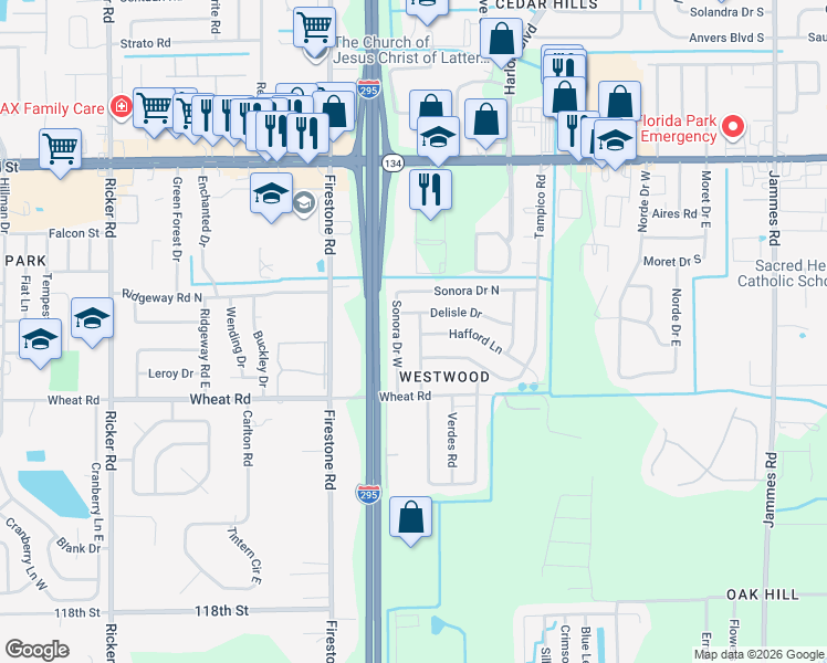 map of restaurants, bars, coffee shops, grocery stores, and more near 5806 Sonora Drive West in Jacksonville