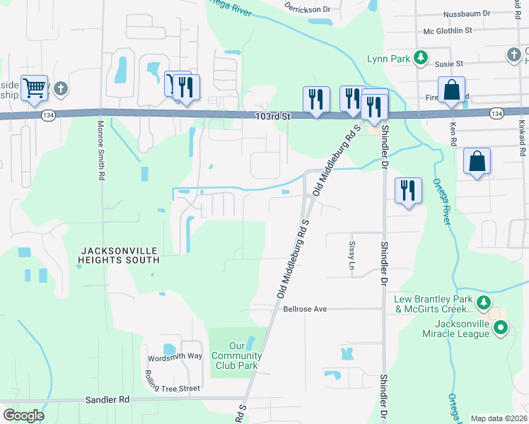 map of restaurants, bars, coffee shops, grocery stores, and more near 9111 Country Mill Lane in Jacksonville