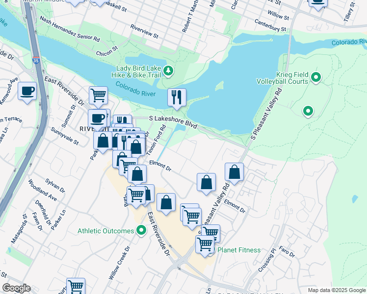 map of restaurants, bars, coffee shops, grocery stores, and more near 2300 Waterloo City Lane in Austin