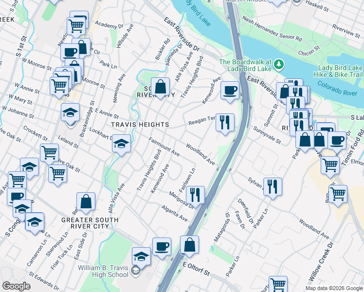 map of restaurants, bars, coffee shops, grocery stores, and more near 1108 Woodland Avenue in Austin