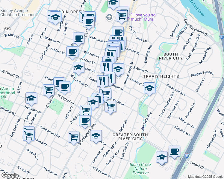 map of restaurants, bars, coffee shops, grocery stores, and more near 2116 South Congress Avenue in Austin