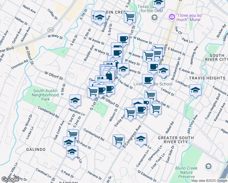 map of restaurants, bars, coffee shops, grocery stores, and more near 2301 South 1st Street in Austin