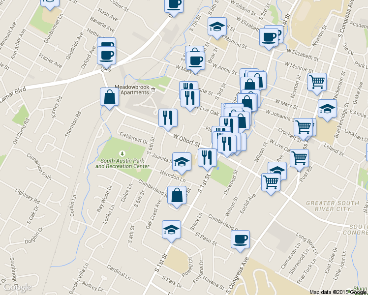 map of restaurants, bars, coffee shops, grocery stores, and more near 809 West Oltorf Street in Austin