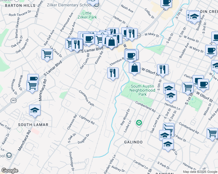 map of restaurants, bars, coffee shops, grocery stores, and more near 2413 Thornton Road in Austin