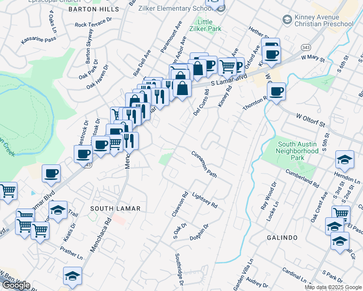 map of restaurants, bars, coffee shops, grocery stores, and more near 2706 1/2 Del Curto Road in Austin