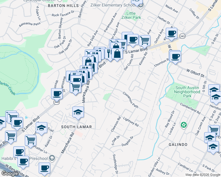 map of restaurants, bars, coffee shops, grocery stores, and more near 2717 South Lamar Boulevard in Austin