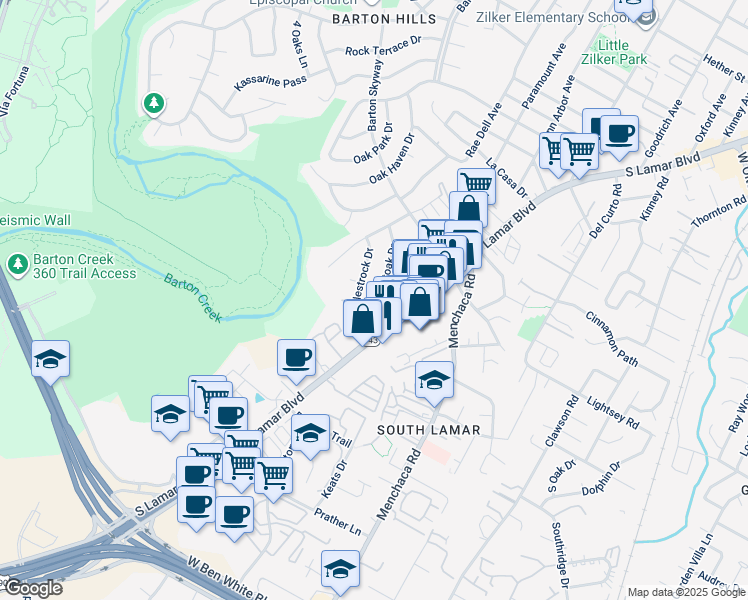 map of restaurants, bars, coffee shops, grocery stores, and more near 2310 Westoak Drive in Austin
