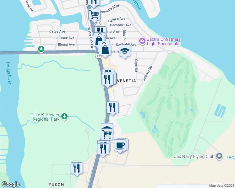 map of restaurants, bars, coffee shops, grocery stores, and more near 5939 Roosevelt Boulevard in Jacksonville