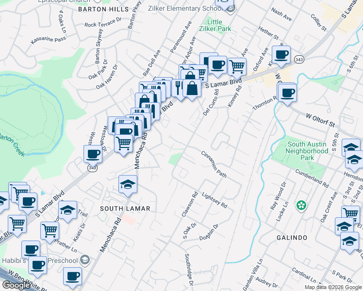 map of restaurants, bars, coffee shops, grocery stores, and more near 2717 South Lamar Boulevard in Austin