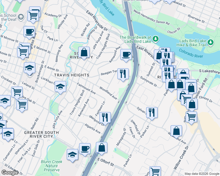 map of restaurants, bars, coffee shops, grocery stores, and more near 1523 Chelsea Lane in Austin