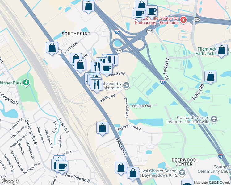 map of restaurants, bars, coffee shops, grocery stores, and more near 7150 Deerfoot Point Circle in Jacksonville